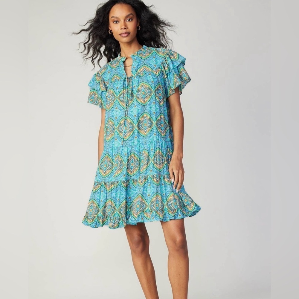 Current Air Tiered Ruffle Mini Dress Boho Geoemteic Romantic Linen Flutter Large